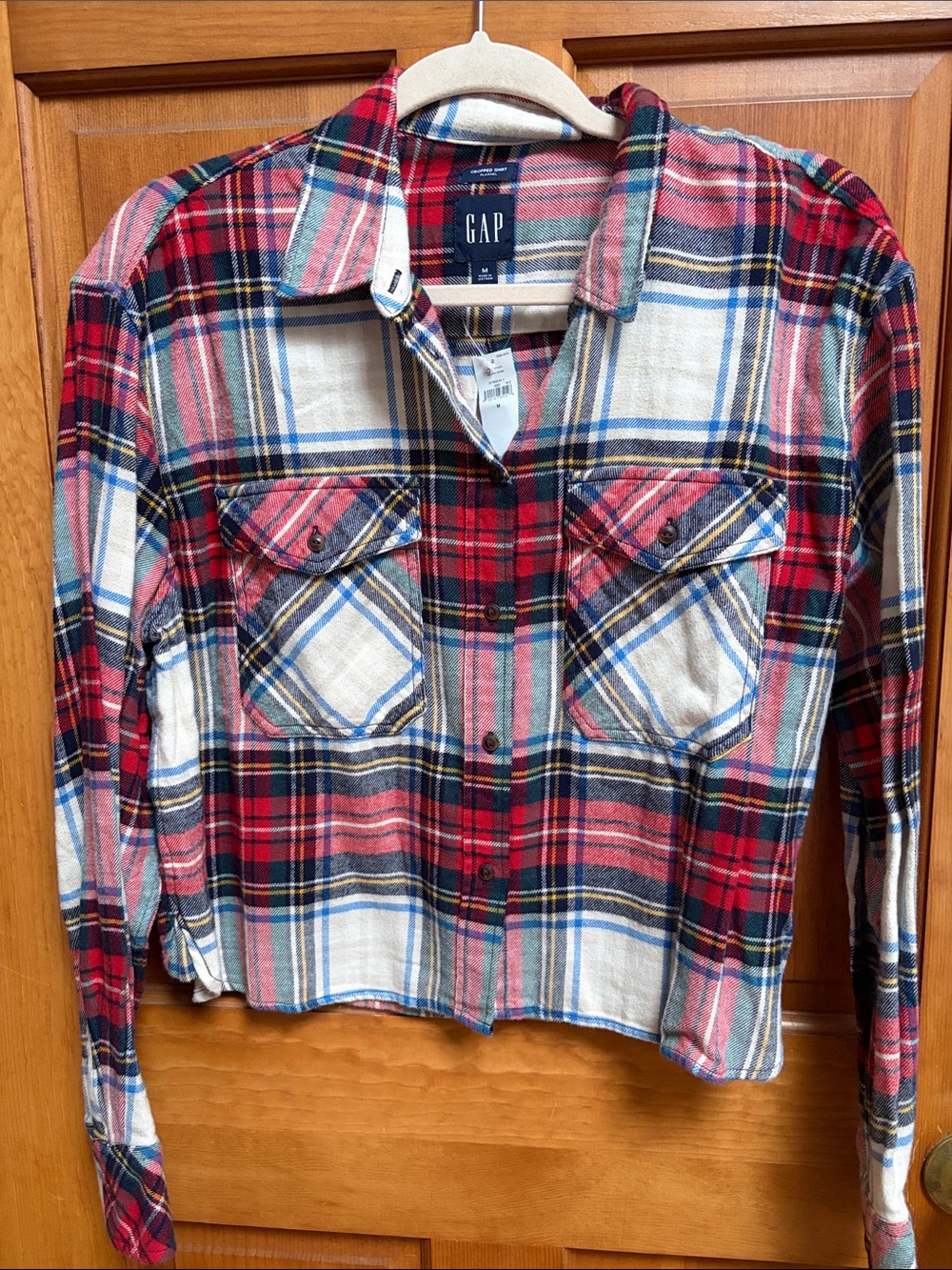 GAP Red, Cream & Blue Plaid Cropped Button-Front Shirt sz M